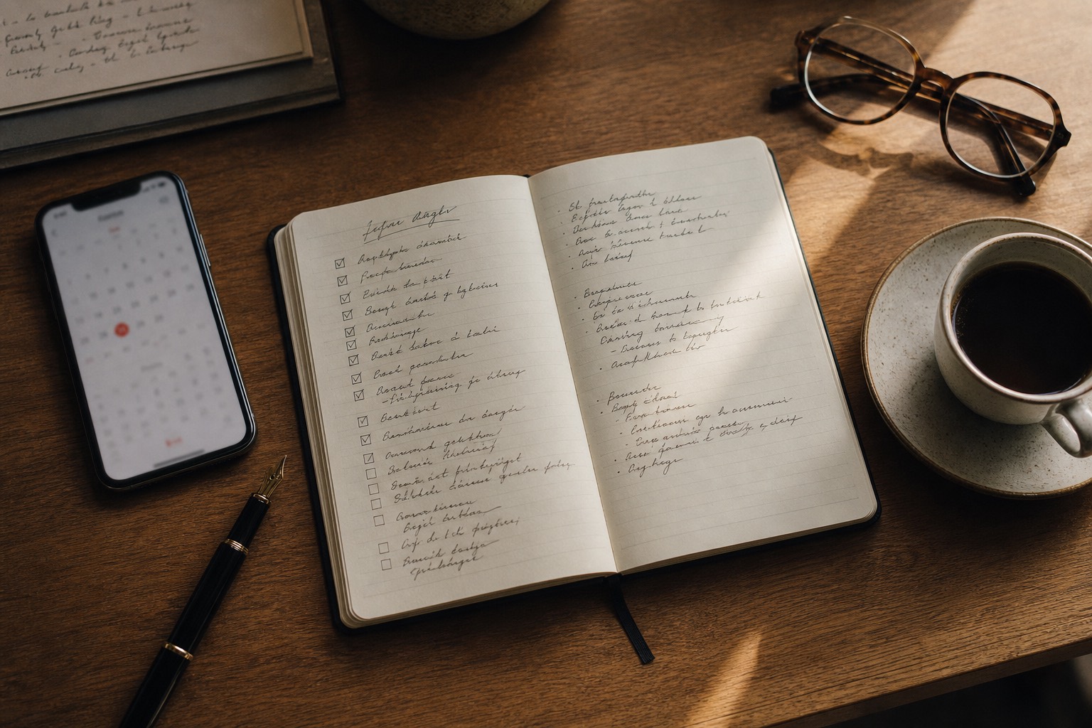 Launch planning desk with a handwritten checklist, calendar and coffee