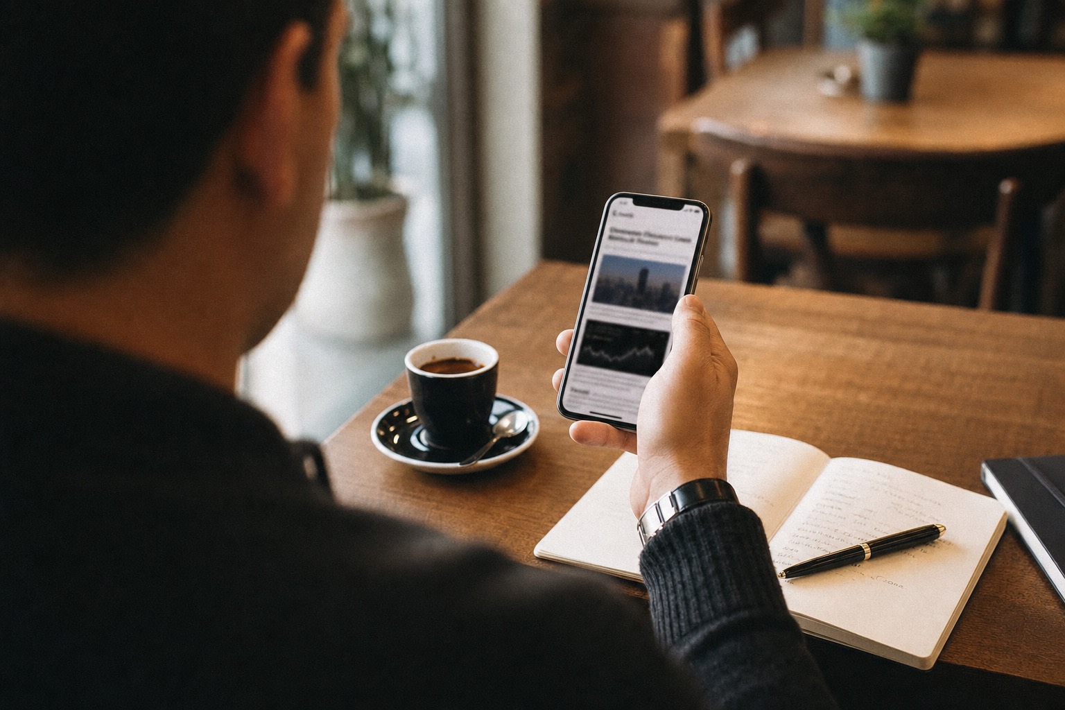 Investor reading a crypto news article on a phone at a cafe table