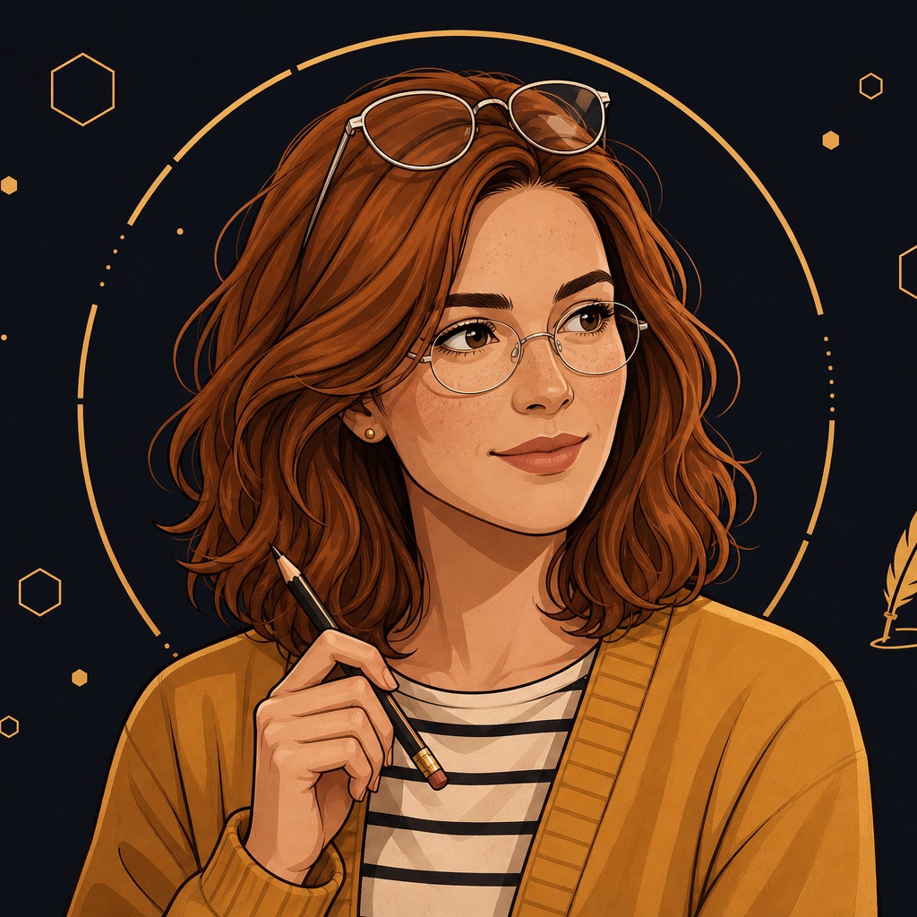 Illustrated portrait of Maya Novak, senior writer, in a mustard cardigan holding a pencil
