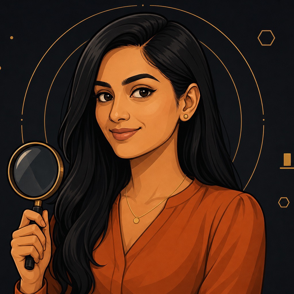 Illustrated portrait of Priya Shah, SEO analyst, in a rust blouse holding a magnifying glass