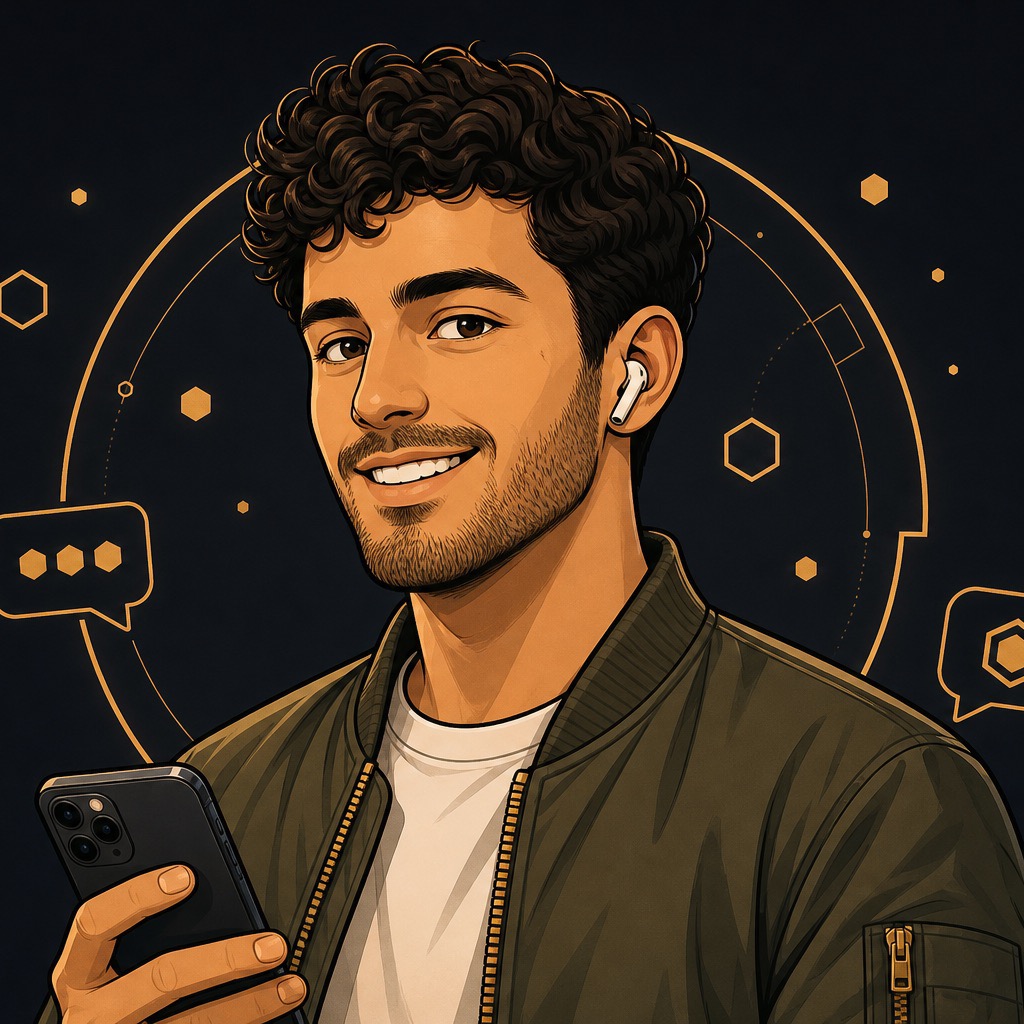 Illustrated portrait of Tomas Silva, head of KOL partnerships, in a bomber jacket holding a phone